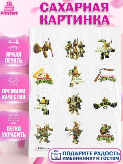 Сахарная картинка, Черепашки-ниндзя, Мальчик, День рождения, арт. PT104350
