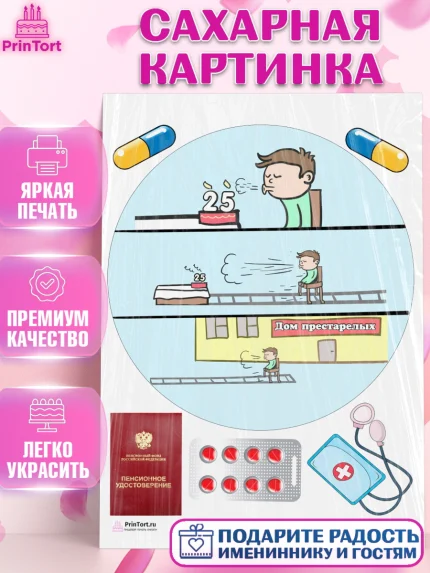 Сахарная картинка, На пенсию, Мужчина, 25 лет, День рождения, арт. PT105112