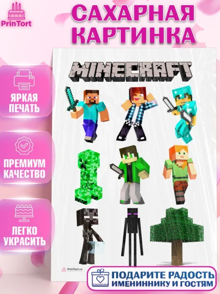 Сахарная картинка, Майнкрафт, Minecraft, Мальчик, День рождения, арт. PT105733