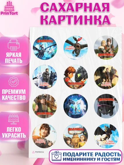 Сахарная картинка, Как приручить дракона, Девочка, День рождения, арт. PT107139