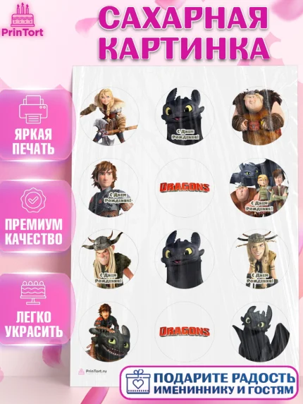 Сахарная картинка, Как приручить дракона, Девочка, День рождения, арт. PT107146