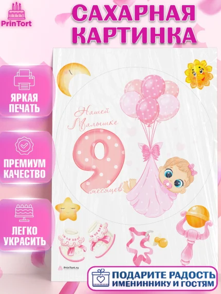 Сахарная картинка, Девочке 9 мес, Девочка, 9 месяцев, День рождения, арт. PT107631