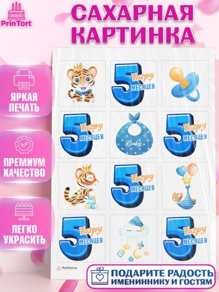 Сахарная картинка, Мальчику 5 месяцев, Мальчик, 5 месяцев, День рождения, арт. PT108063