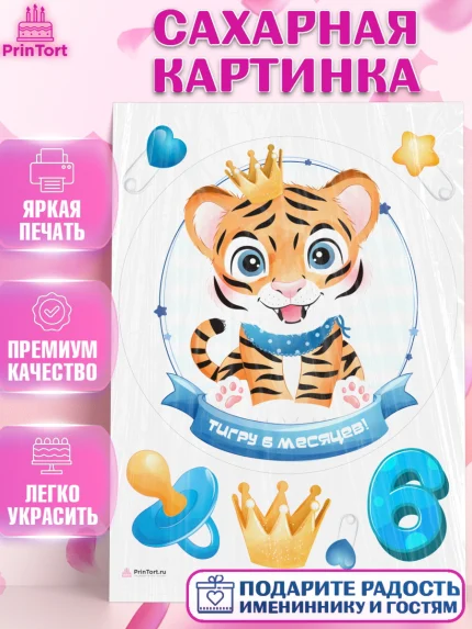 Сахарная картинка, Мальчику 6 месяцев, Мальчик, 6 месяцев, День рождения, арт. PT108074