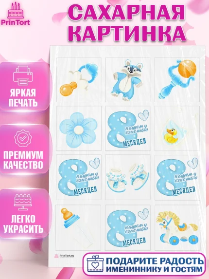 Сахарная картинка, Мальчику 8 месяцев, Мальчик, 8 месяцев, День рождения, арт. PT108111