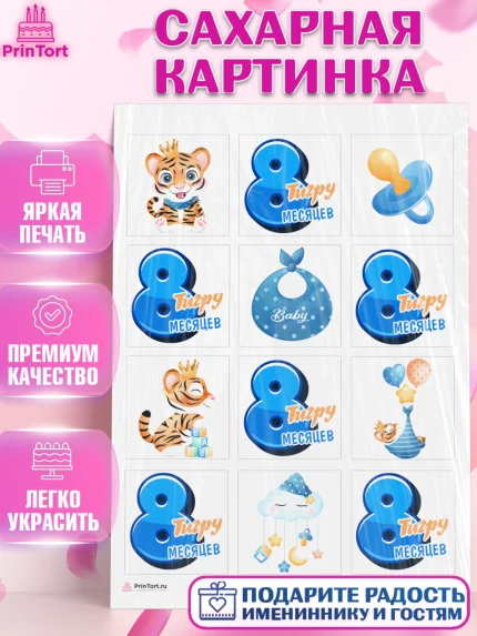Сахарная картинка, Мальчику 8 месяцев, Мальчик, 8 месяцев, День рождения, арт. PT108123