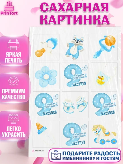 Сахарная картинка, Мальчику 9 месяцев, Мальчик, 9 месяцев, День рождения, арт. PT108131