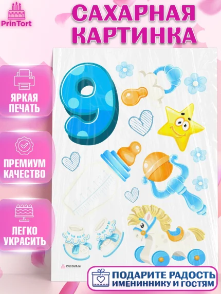 Сахарная картинка, Мальчику 9 месяцев, Мальчик, 9 месяцев, День рождения, арт. PT108141