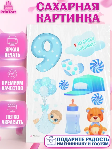 Сахарная картинка, Мальчику 9 месяцев, Мальчик, 9 месяцев, День рождения, арт. PT108145