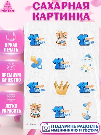 Сахарная картинка, Мальчику 11 мес, Мальчик, 11 месяцев, День рождения, арт. PT108183