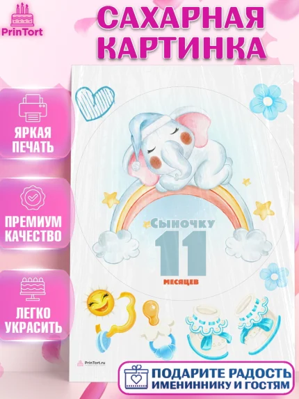 Сахарная картинка, Мальчику 11 мес, Мальчик, 11 месяцев, День рождения, арт. PT108188