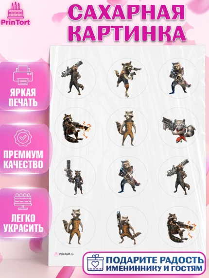 Сахарная картинка, Стражи Галактики, Енот, Девочка, День рождения, арт. PT108191