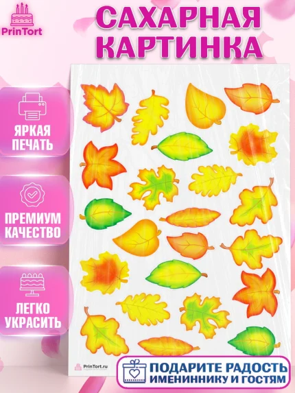 Сахарная картинка, Листья, Украшение для торта, Декор выпечки, Девочка, День рождения, арт. PT108552