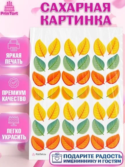 Сахарная картинка, Листья, Украшение для торта, Декор выпечки, Девочка, День рождения, арт. PT108558