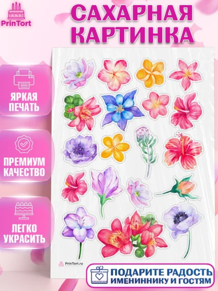 Сахарная картинка, Цветы, Украшение для торта, Декор выпечки, Девочка, День рождения, арт. PT108560