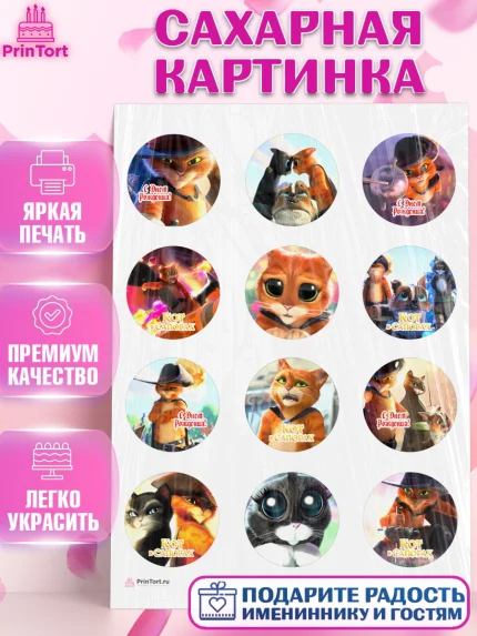 Сахарная картинка, Кот в сапогах, Девочка, День рождения, арт. PT108970