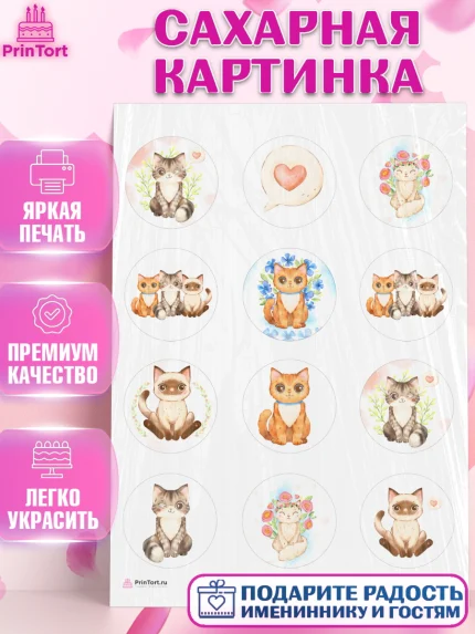 Сахарная картинка, Кошки, Питомец, Девочка, День рождения, арт. PT109429
