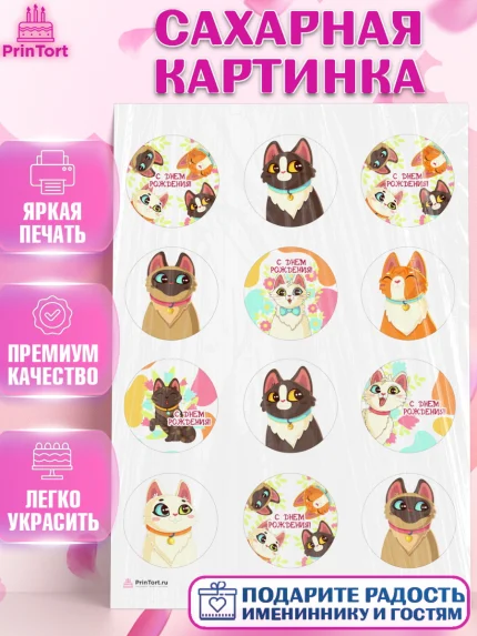 Сахарная картинка, Кошки, Питомец, Девочка, День рождения, арт. PT109432
