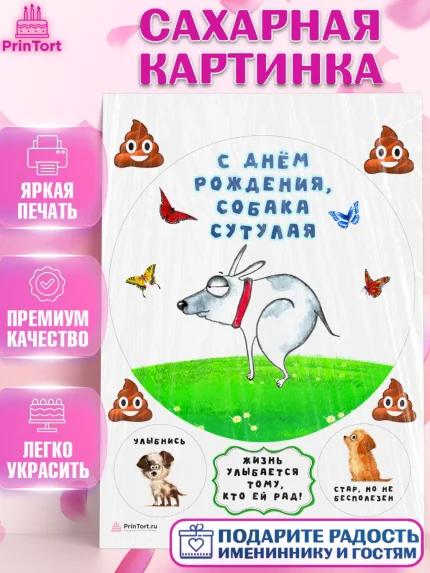 Сахарная картинка, Прикольные, Собака сутулая, Девочка, День рождения, арт. PT110715