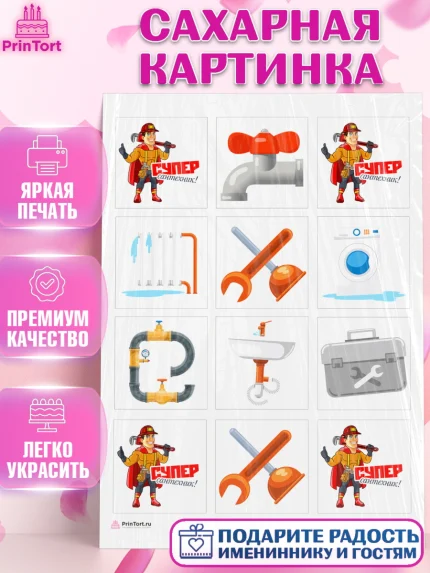 Сахарная картинка, Сантехник, Ремонт, Мальчик, День рождения, арт. PT111004