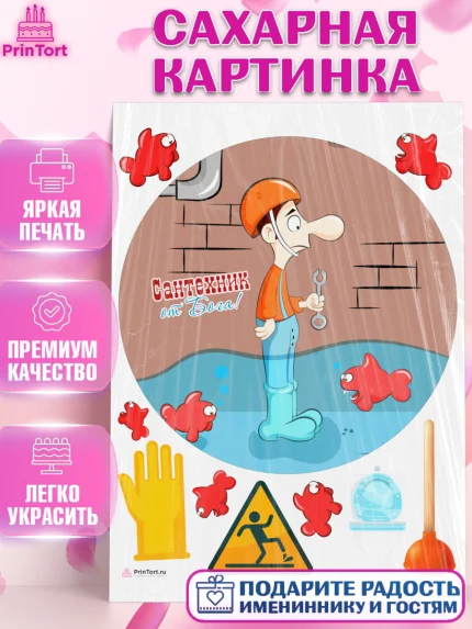 Сахарная картинка, Сантехник, Ремонт, Мальчик, День рождения, арт. PT111019