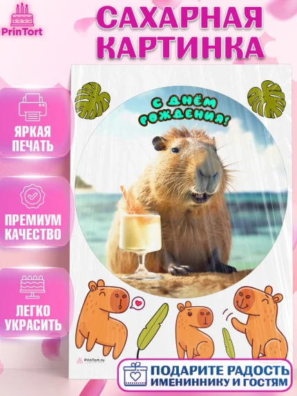 Сахарная картинка, Капибара, Девочка, День рождения, арт. PT111032