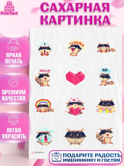 Сахарная картинка, Енот, Животные, Девочка, День рождения, арт. PT111432