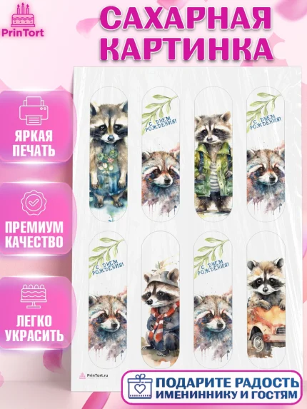 Сахарная картинка, Енот, Животные, Девочка, День рождения, арт. PT111435