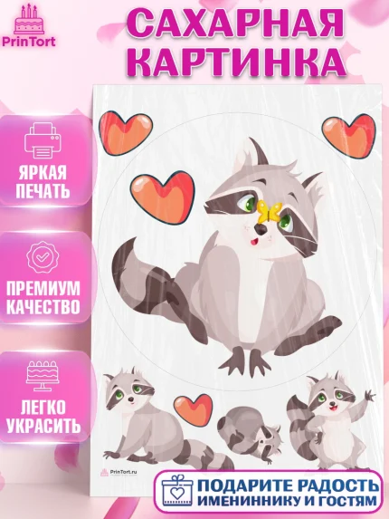 Сахарная картинка, Енот, Животные, Девочка, День рождения, арт. PT111439