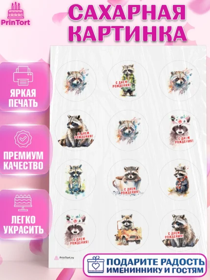 Сахарная картинка, Енот, Животные, Девочка, День рождения, арт. PT111441