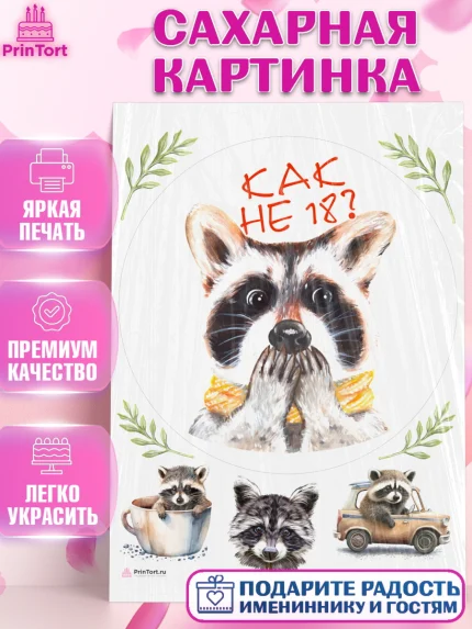 Сахарная картинка, Енот, Животные, Девочка, День рождения, арт. PT111447