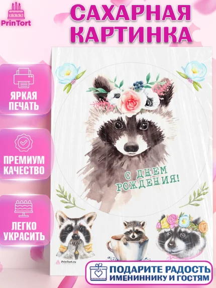 Сахарная картинка, Енот, Животные, Девочка, День рождения, арт. PT111449