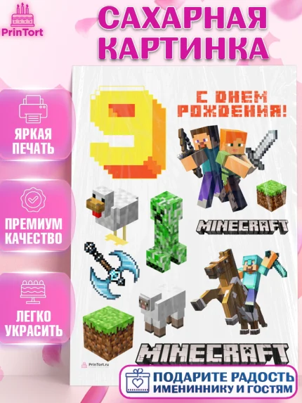 Сахарная картинка, Майнкрафт, Minecraft, Девочка, 9 лет, День рождения, арт. PT111575
