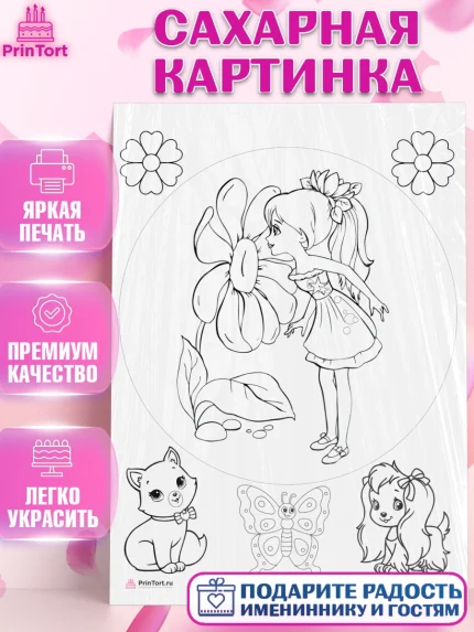 Сахарная картинка, Расскраска, Девочка, День рождения, арт. PT113352