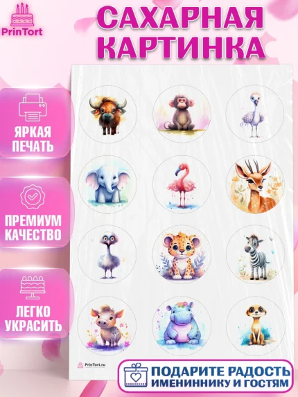 Сахарная картинка, Животные Сафари, Девочка, День рождения, арт. PT113638