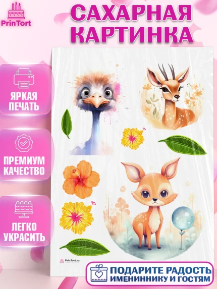 Сахарная картинка, Животные Сафари, звери, животные, олень, страус, цветы, Девочка, День рождения, арт. PT113645
