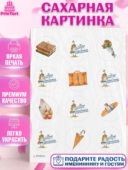 Сахарная картинка, Не старый пердун, гусь, чемодан, Мальчик, День рождения, арт. PT116321