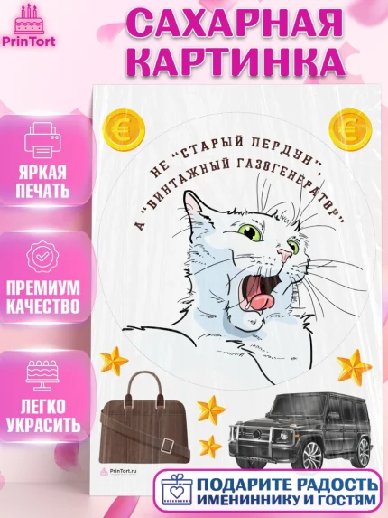 Сахарная картинка, Не старый пердун, кот, джип, монеты, звезды, Мальчик, День рождения, арт. PT116332
