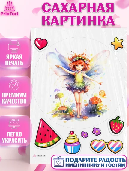 Сахарная картинка, фея, феи, девочка, сердце, звезда, очки, цветы, крылья, День рождения, арт. PT116750