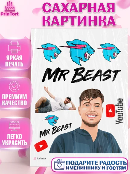 Сахарная картинка, Мистер Бист, mister beast, ютуб, youtube, Девочка, День рождения, арт. PT117019