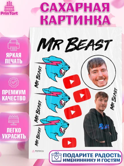 Сахарная картинка, Мистер Бист, mister beast, ютуб, youtube, Девочка, День рождения, арт. PT117022