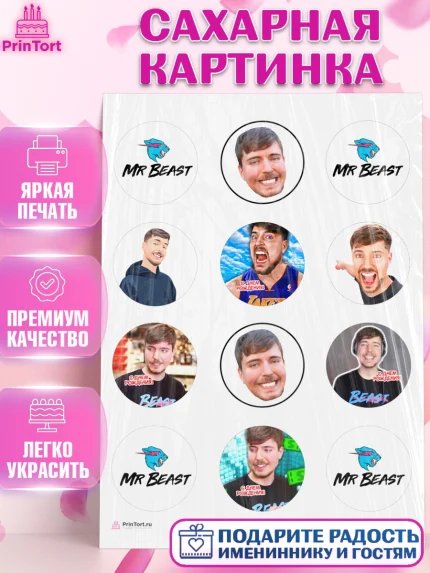 Сахарная картинка, Мистер Бист, mister beast, ютуб, youtube, Девочка, День рождения, арт. PT117024