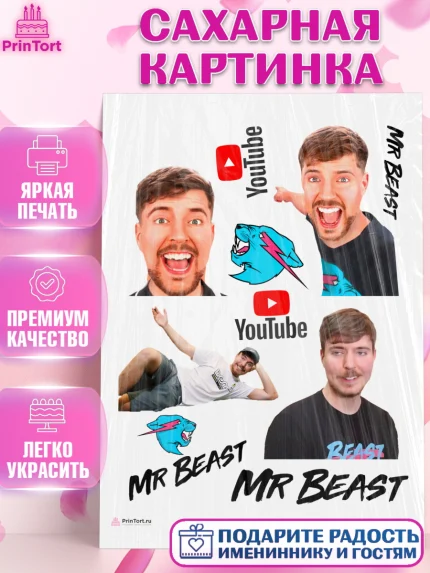 Сахарная картинка, Мистер Бист, mister beast, ютуб, youtube, Девочка, День рождения, арт. PT117025