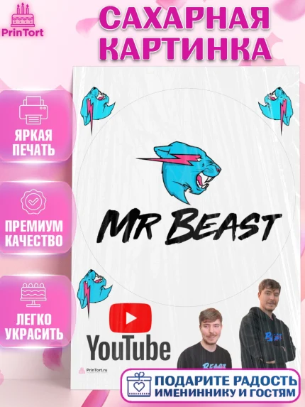 Сахарная картинка, Мистер Бист, mister beast, ютуб, youtube, Девочка, День рождения, арт. PT117026