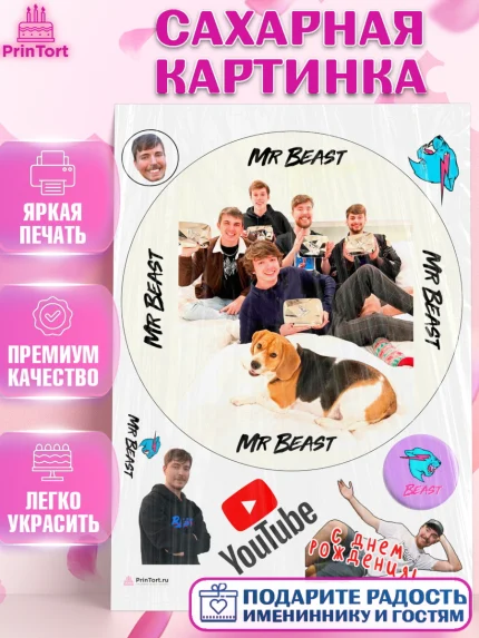Сахарная картинка, Мистер Бист, mister beast, ютуб, youtube, Девочка, День рождения, арт. PT117027