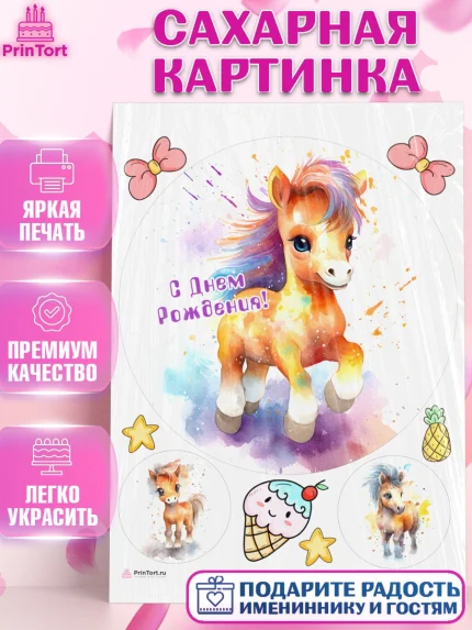 Сахарная картинка, Пони, лошадка, Девочка, День рождения, арт. PT117068