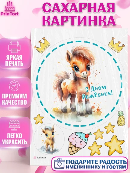 Сахарная картинка, Пони, лошадка, корона, Девочка, День рождения, арт. PT117071