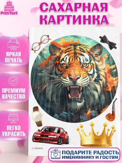 Сахарная картинка, Тигр, губы, бабочка, Мальчик, День рождения, арт. PT117348