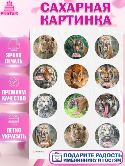 Сахарная картинка, Тигр, корона, машина, Мальчик, День рождения, арт. PT117353