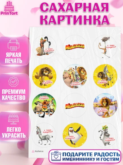 Сахарная картинка, Мадагаскар, Зебра, лев, жираф, бегемот, пингвины, Девочка, День рождения, арт. PT117370